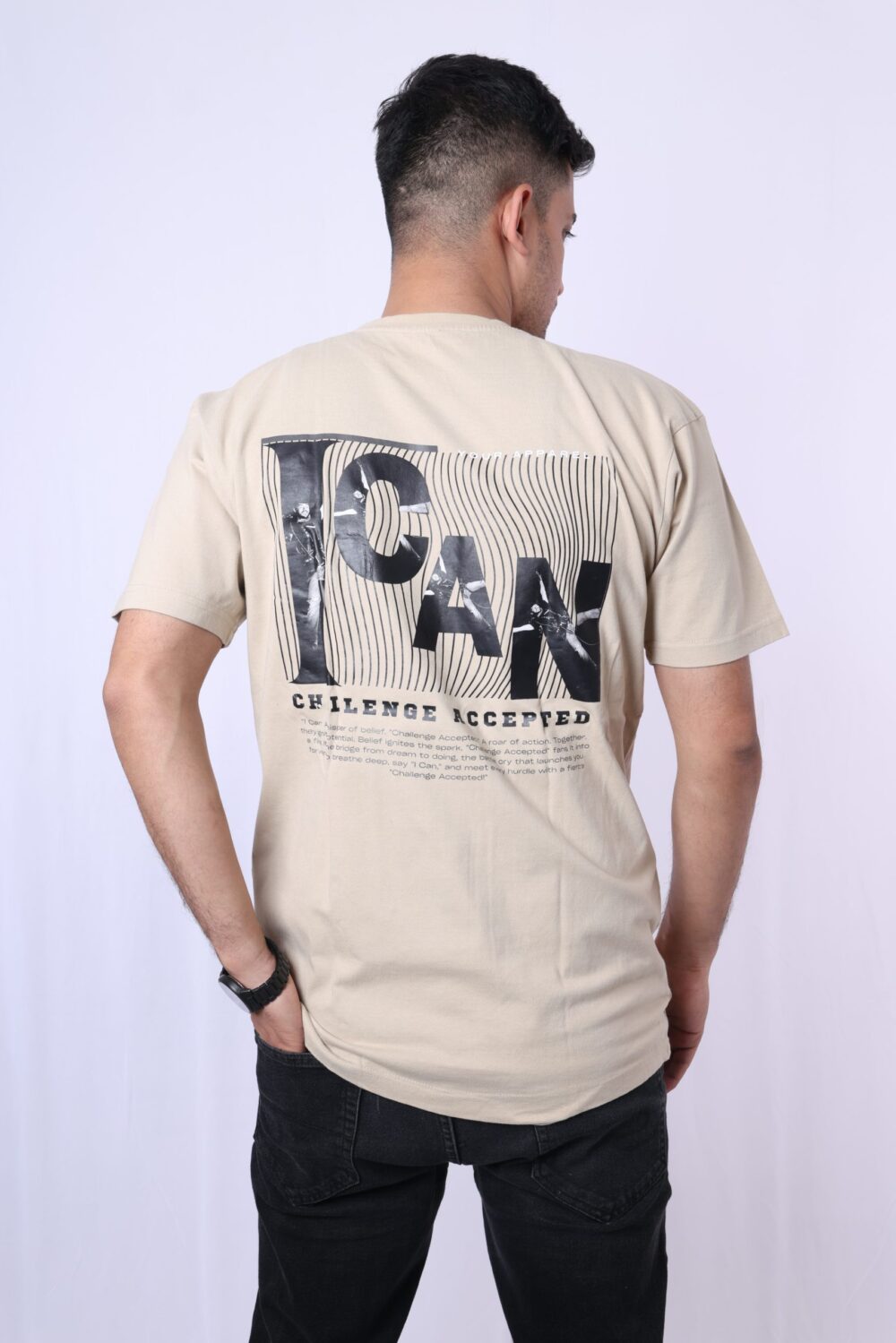 Swagster Club 'I Can Challenge Accepted' Cotton T-Shirt - Beige | Boyfriend Edition | - Image 3