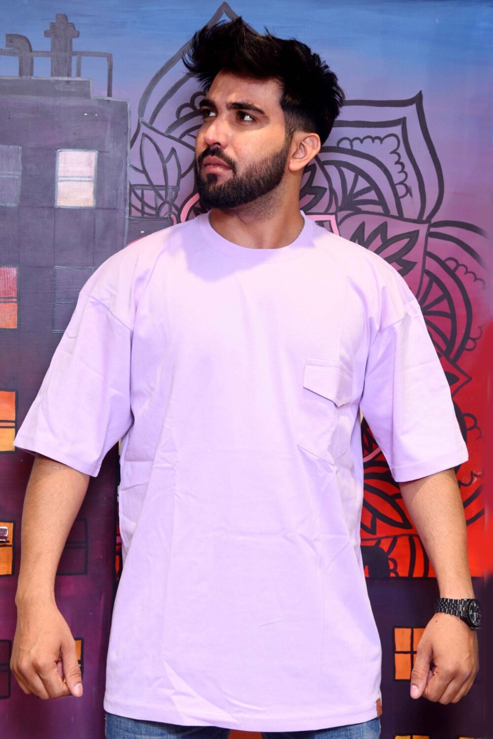Light Purple T-Shirt with All-Seeing Eye and Hands Print - Image 4