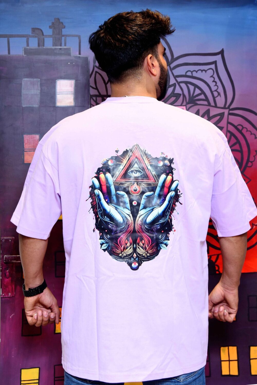 Light Purple T-Shirt with All-Seeing Eye and Hands Print - Image 3