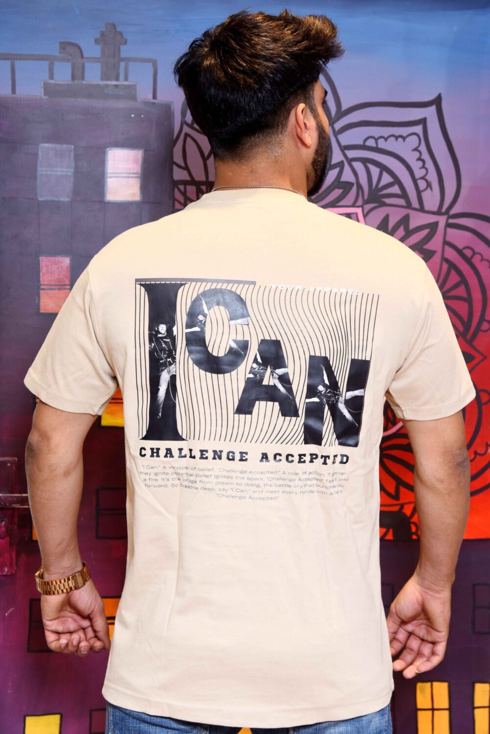 Swagster Club 'I Can Challenge Accepted' Cotton T-Shirt - Beige - Image 3